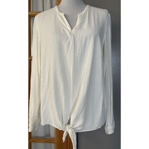 Y2K J Jill Ivory Rayon Pullover Blouse Sz M Front Tie Split Crewneck Minimalist